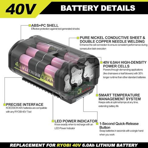 40V 6.0Ah Lithium-Ion Battery Replacement for Ryobi 40v Battery, OP4020, OP4060, OP4040, OP4050. High Capacity Compatible with Ryobi 40-Volt HP Cordless Power Tools and Chargers in Kuwait