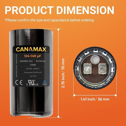 Canamax 378-454 MFD uf 50/60 هرتز 110-125 فولت تيار متردد ± 20% مكثف بدء تشغيل المحرك الدائري - بديل للمحركات الكهربائية أحادية الطور وتطبيقات محركات التروس in Saudi Arabia