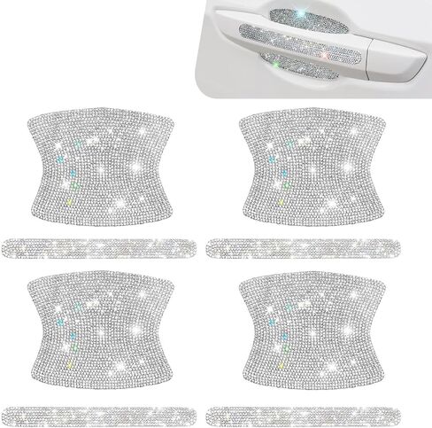 8 PCS Bling Car Door Handle Protector, Anti-Scratch Vehicle Door Handle Protection Sticker, Shiny Rhinestone-Encrusted Vehicle Sticker Decoration, Universal for Most Cars, Trucks (Silver) in Saudi Arabia