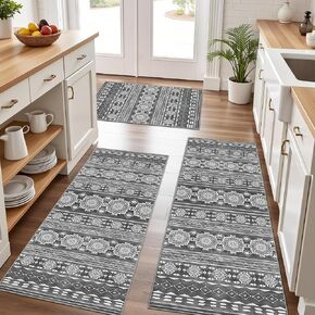 Boho Kitchen Rugs Sets 3 Piece with Runner Floral Kitchen Floor Mat Carpet Farmhouse Kitchen Rugs and Mats Non Skid Washable Runner Rug for Kitchen Floor Sink Laundry,Grayish-White in Saudi Arabia
