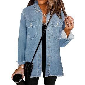 Bosmeer Women's Oversized Jean Jacket Casual Long Sleeve Denim Shirts Distressed Frayed Hem Denim Shacket in Kuwait