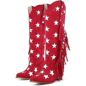 Women's Western Cowboy Cowgirl Boots Stars Block Heels Fringed Pull On Faux Suede Under the Knee High Boot in Kuwait