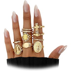 Gold Lady of Guadalupe Virgin Mary Stackable Rings Jesus Cross Adjustable Finger Ring Pack for Women Cubic Zirconia Religious Jewelry Accessories in Saudi Arabia