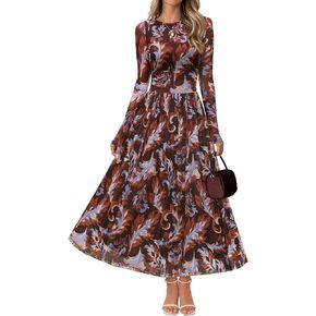 MEROKEETY Women's Long Sleeve Fall Wedding Guest Dress 2025 Crewneck Floral Flowy Mesh Cocktail Maxi Dresses in Kuwait