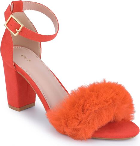Perphy Fluffy Feather Ankle Strap Chunky Heel Fur Heels Sandal for Women in Kuwait