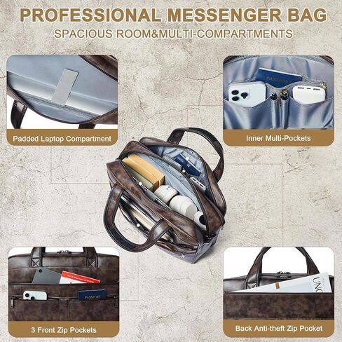 Shrrie Leather Messenger Bag for Men&Women 16 inch Laptop Bag,Water-Resistant Retro Leather Briefcase for Men Business,Work in Saudi Arabia