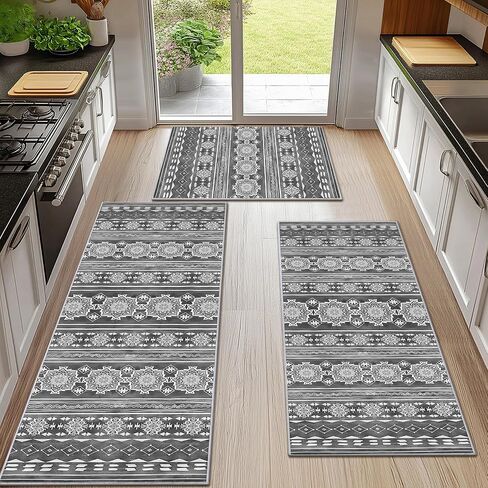 Boho Kitchen Rugs Sets 3 Piece with Runner Floral Kitchen Floor Mat Carpet Farmhouse Kitchen Rugs and Mats Non Skid Washable Runner Rug for Kitchen Floor Sink Laundry,Grayish-White in Saudi Arabia