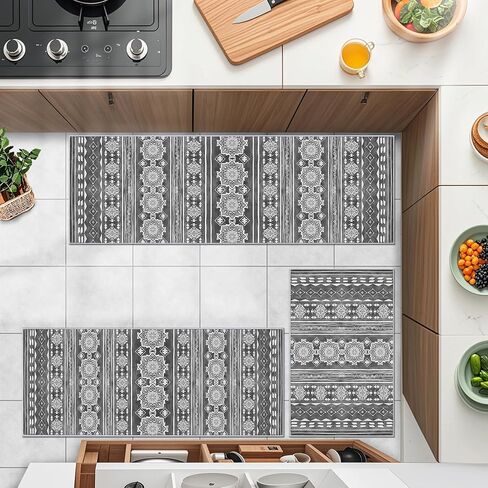 Boho Kitchen Rugs Sets 3 Piece with Runner Floral Kitchen Floor Mat Carpet Farmhouse Kitchen Rugs and Mats Non Skid Washable Runner Rug for Kitchen Floor Sink Laundry,Grayish-White in Saudi Arabia