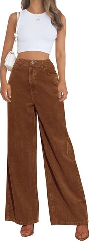 Corduroy High Waisted Wide Leg Pants for Women Dress Pants 2025 Elastic Waist Casual Straight Trousers with Pockets in Saudi Arabia