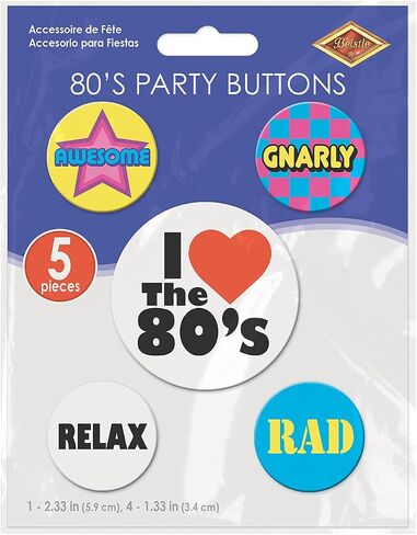 Beistle 5 Piece I Love The 80’s Party Buttons 1980's Theme Gnarly Rad Retro Wearable Accessories in Saudi Arabia
