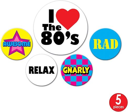 Beistle 5 Piece I Love The 80’s Party Buttons 1980's Theme Gnarly Rad Retro Wearable Accessories in Saudi Arabia