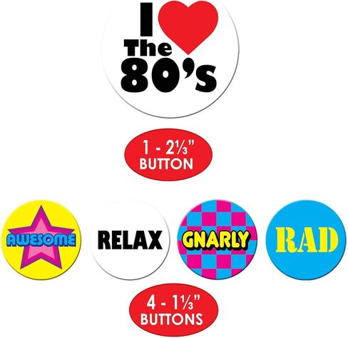 Beistle 5 Piece I Love The 80’s Party Buttons 1980's Theme Gnarly Rad Retro Wearable Accessories in Saudi Arabia