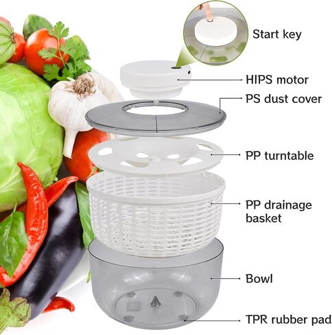 Vegetables Washer Dryer,4L Large Capacity Fruit Vegetable Strainer Spinner,USB Electric Salad Lettuce Spinner,Automatic Compact Salad Cleaner and Dryer for Home Kitchen(White) in Saudi Arabia