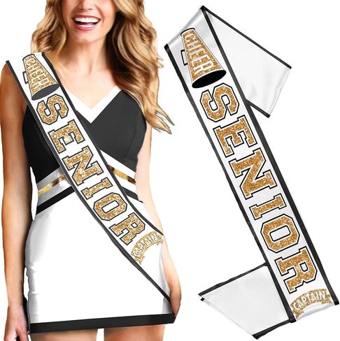 Gold Cheer Senior Sash - PREMIUM GRADE SATIN White Sashes - Cheerleader Squad Party Supplies in Saudi Arabia