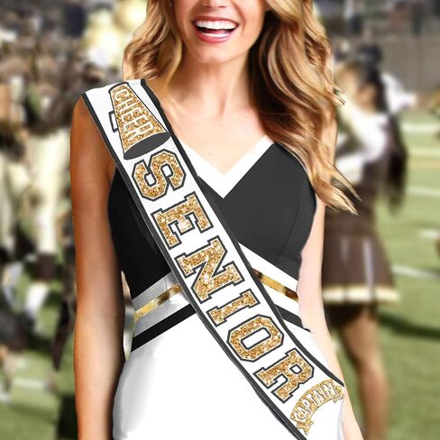 Gold Cheer Senior Sash - PREMIUM GRADE SATIN White Sashes - Cheerleader Squad Party Supplies in Saudi Arabia