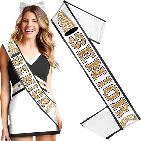 Gold Cheer Senior Sash - PREMIUM GRADE SATIN White Sashes - Cheerleader Squad Party Supplies in Saudi Arabia