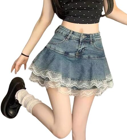 Y2K High Waist Denim Lace Mini Skirt for Women – Harajuku A-Line Ruffle Skater Skirt Kawaii Fairycore Style in Saudi Arabia