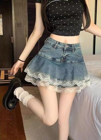 Y2K High Waist Denim Lace Mini Skirt for Women – Harajuku A-Line Ruffle Skater Skirt Kawaii Fairycore Style in Saudi Arabia