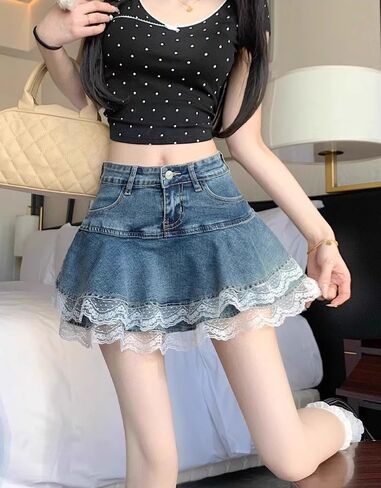Y2K High Waist Denim Lace Mini Skirt for Women – Harajuku A-Line Ruffle Skater Skirt Kawaii Fairycore Style in Saudi Arabia