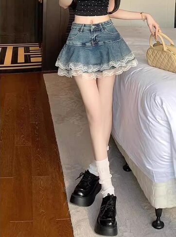 Y2K High Waist Denim Lace Mini Skirt for Women – Harajuku A-Line Ruffle Skater Skirt Kawaii Fairycore Style in Saudi Arabia