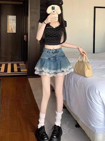 Y2K High Waist Denim Lace Mini Skirt for Women – Harajuku A-Line Ruffle Skater Skirt Kawaii Fairycore Style in Saudi Arabia