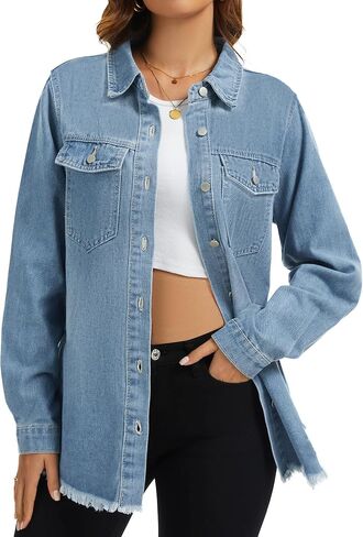 Bosmeer Women's Oversized Jean Jacket Casual Long Sleeve Denim Shirts Distressed Frayed Hem Denim Shacket in Kuwait