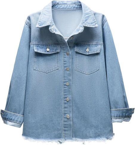 Bosmeer Women's Oversized Jean Jacket Casual Long Sleeve Denim Shirts Distressed Frayed Hem Denim Shacket in Kuwait