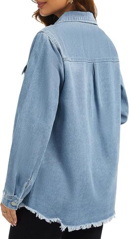 Bosmeer Women's Oversized Jean Jacket Casual Long Sleeve Denim Shirts Distressed Frayed Hem Denim Shacket in Kuwait