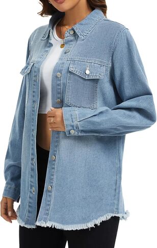 Bosmeer Women's Oversized Jean Jacket Casual Long Sleeve Denim Shirts Distressed Frayed Hem Denim Shacket in Kuwait