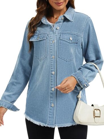 Bosmeer Women's Oversized Jean Jacket Casual Long Sleeve Denim Shirts Distressed Frayed Hem Denim Shacket in Kuwait