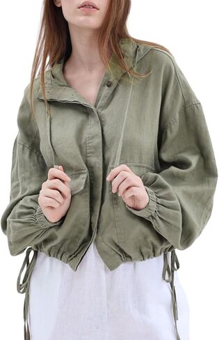 Amazhiyu Women's Pure Linen Button Front Long Sleeve Drawstring Hooded Jacket Coat in Saudi Arabia