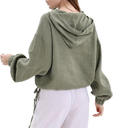 Amazhiyu Women's Pure Linen Button Front Long Sleeve Drawstring Hooded Jacket Coat in Saudi Arabia