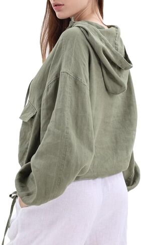 Amazhiyu Women's Pure Linen Button Front Long Sleeve Drawstring Hooded Jacket Coat in Saudi Arabia