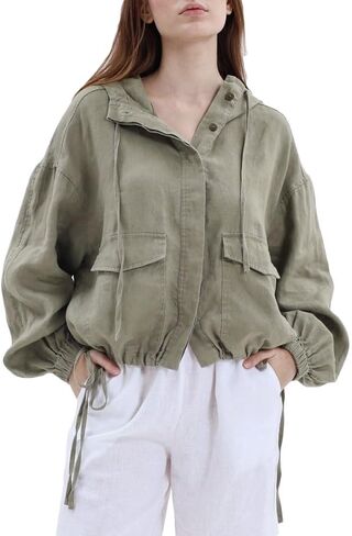 Amazhiyu Women's Pure Linen Button Front Long Sleeve Drawstring Hooded Jacket Coat in Saudi Arabia