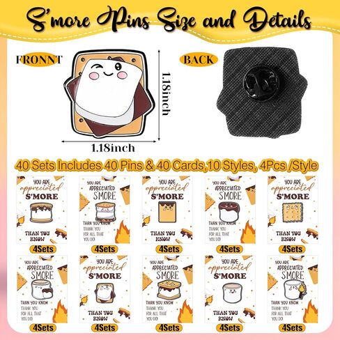 Tondiamo 20/40/60 مجموعات فريدة من نوعها هدايا تقدير الموظفين السائبة S'more Marshmallow Enamel Pins هدايا الموظفين السائبة دبابيس طية صدر السترة مع بطاقات شكر Smores Party Favors لزملاء العمل والمدرسين in Kuwait