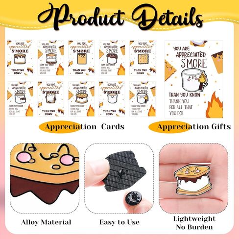 Tondiamo 20/40/60 مجموعات فريدة من نوعها هدايا تقدير الموظفين السائبة S'more Marshmallow Enamel Pins هدايا الموظفين السائبة دبابيس طية صدر السترة مع بطاقات شكر Smores Party Favors لزملاء العمل والمدرسين in Kuwait
