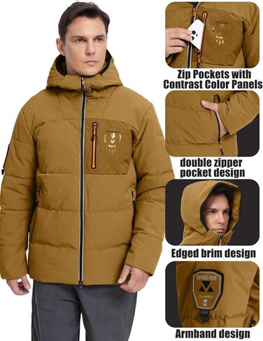 Men's Puffer Jacket Hooded Down Coat Water-Resistant Warm Winter Coats Insulated Windproof Outerwear in Saudi Arabia