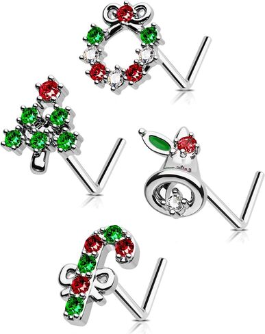 Jewseen 4Pcs Nose Rings Stud 20g Christmas L Shaped Nose Stud 316L Stainless Steel Nose Piercing Jewelry for Women Men in Saudi Arabia
