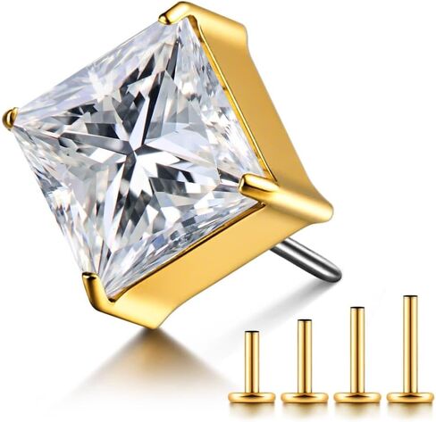 1PC ASTM F136 Titanium Threadless Big CZ Design Tops Piercing studs for Conch,Tragus,Helix,Lobe Come With 4PCS Different Lengths Post 16G 18G 20G Flatback earring nose Jewelry Gold Silver in Kuwait