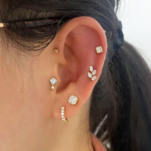 1PC ASTM F136 Titanium Threadless Big CZ Design Tops Piercing studs for Conch,Tragus,Helix,Lobe Come With 4PCS Different Lengths Post 16G 18G 20G Flatback earring nose Jewelry Gold Silver in Kuwait