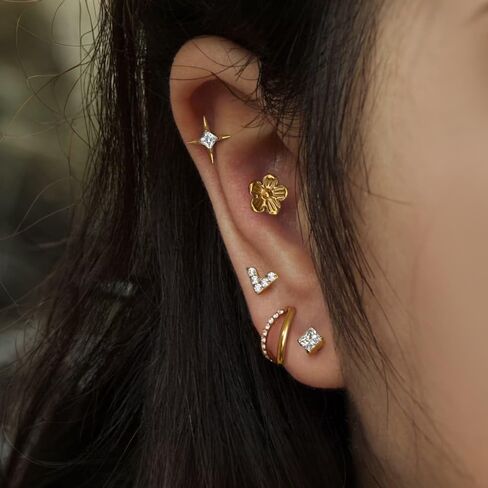 1PC ASTM F136 Titanium Threadless Big CZ Design Tops Piercing studs for Conch,Tragus,Helix,Lobe Come With 4PCS Different Lengths Post 16G 18G 20G Flatback earring nose Jewelry Gold Silver in Kuwait