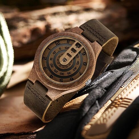 Wooden Watches for Men Handmade Unique Design with Leather Strap, Analog Quartz Mens Watch, Gift for Men in Kuwait
