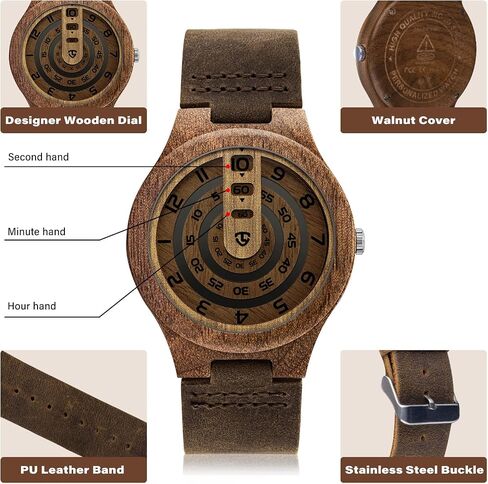 Wooden Watches for Men Handmade Unique Design with Leather Strap, Analog Quartz Mens Watch, Gift for Men in Kuwait