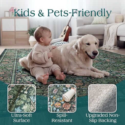 Green Round Rugs 6ft - Soft Washable Boho Floral Bedroom Circle Rug Stain Resistant Botanical Dining Room Rugs for Under Round Table Vintage Area Rug for Living Room Office Kid Room in Saudi Arabia