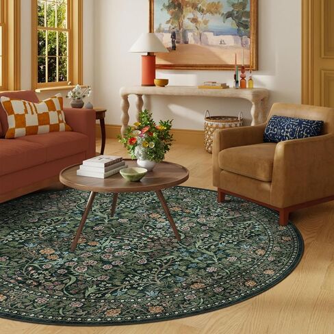 Green Round Rugs 6ft - Soft Washable Boho Floral Bedroom Circle Rug Stain Resistant Botanical Dining Room Rugs for Under Round Table Vintage Area Rug for Living Room Office Kid Room in Saudi Arabia