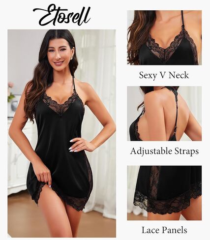 Womens Sexy Lingerie Lace Satin Nightgowns Silky Sleep Night Dress Short Chemise Halter Neck Sleepwear in Saudi Arabia