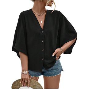 OYOANGLE Women's Plus Size Button Front V Neck Half Sleeve Blouse Drop Shoulder Loose Tops in Kuwait