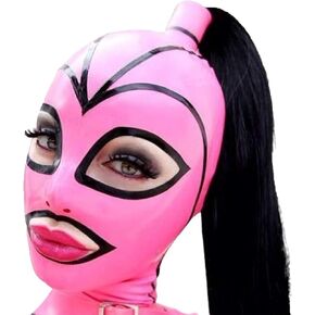 Latex Mask Hood Pink Pigtail Black Yellow Hair braid Rubber Strips with Ponytail Handmade Headgear Exposed eyes FW32 in Saudi Arabia