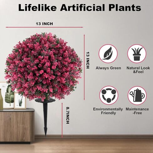 كرات توبياري من خشب البقس الاصطناعي - مجموعة من 2 شجيرة صناعية مقاومة للأشعة فوق البنفسجية مقاس 23 بوصة مع مسامير أرضية، ونباتات زخرفية صناعية دائمة الخضرة لحديقة فناء الشرفة الداخلية في الهواء الطلق in Kuwait