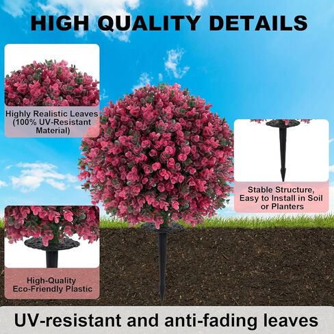 كرات توبياري من خشب البقس الاصطناعي - مجموعة من 2 شجيرة صناعية مقاومة للأشعة فوق البنفسجية مقاس 23 بوصة مع مسامير أرضية، ونباتات زخرفية صناعية دائمة الخضرة لحديقة فناء الشرفة الداخلية في الهواء الطلق in Kuwait